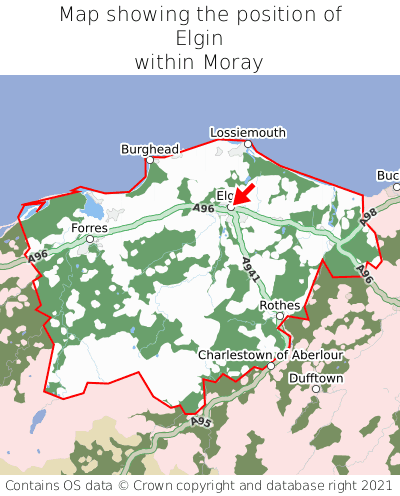 Map showing location of Elgin within Moray