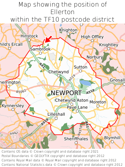 Map showing location of Ellerton within TF10