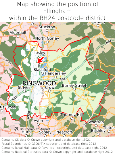 Map showing location of Ellingham within BH24