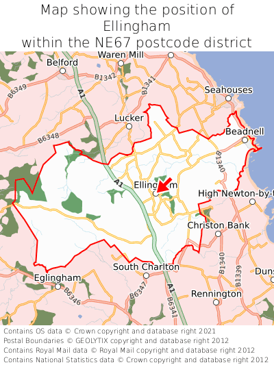 Map showing location of Ellingham within NE67