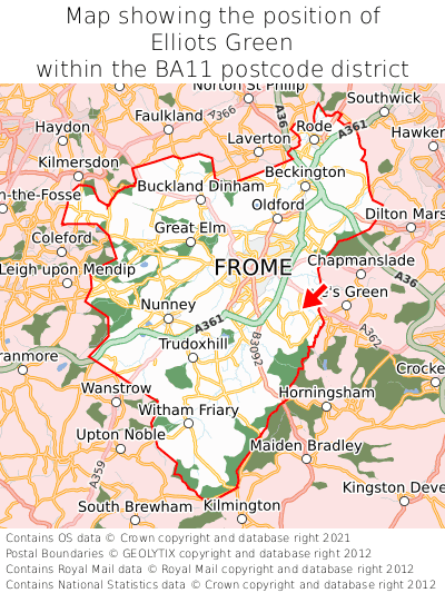 Map showing location of Elliots Green within BA11