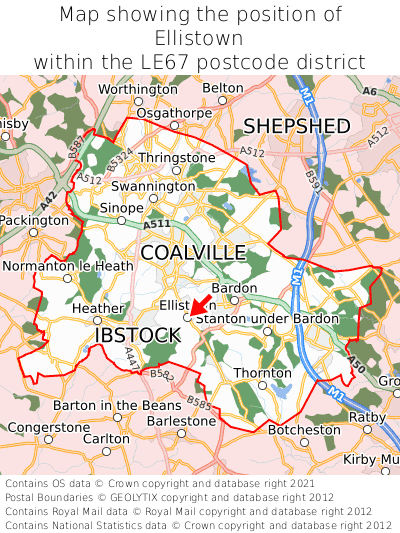 Map showing location of Ellistown within LE67