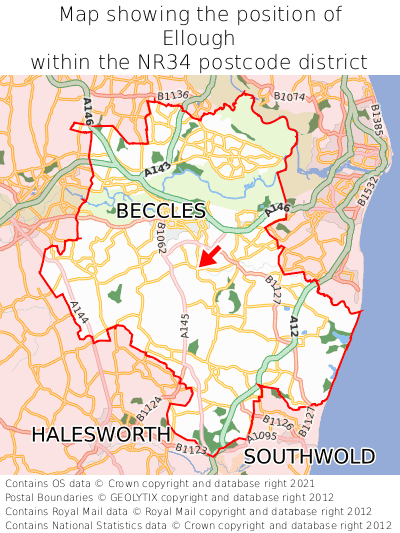 Map showing location of Ellough within NR34