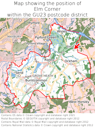 Map showing location of Elm Corner within GU23