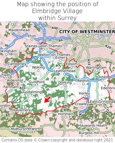 Map showing location of Elmbridge Village within Surrey