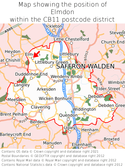 Map showing location of Elmdon within CB11