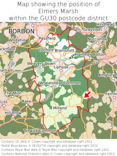 Map showing location of Elmers Marsh within GU30