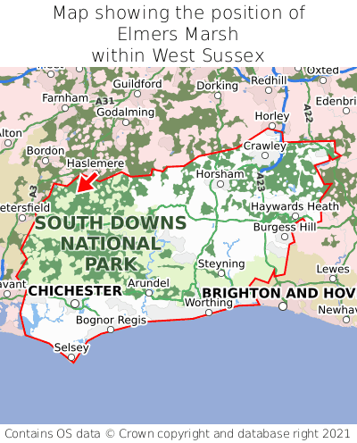 Map showing location of Elmers Marsh within West Sussex