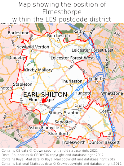 Map showing location of Elmesthorpe within LE9