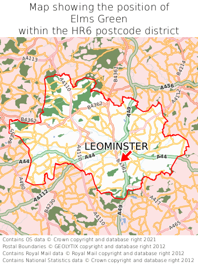 Map showing location of Elms Green within HR6