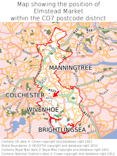 Map showing location of Elmstead Market within CO7