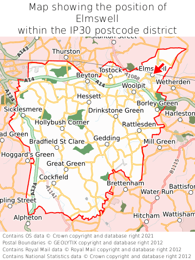 Map showing location of Elmswell within IP30