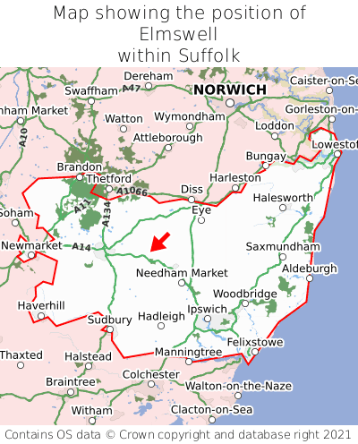 Map showing location of Elmswell within Suffolk
