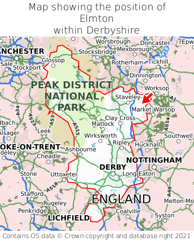 Map showing location of Elmton within Derbyshire