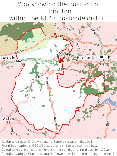 Map showing location of Elrington within NE47