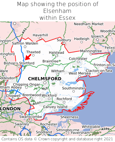 Map showing location of Elsenham within Essex