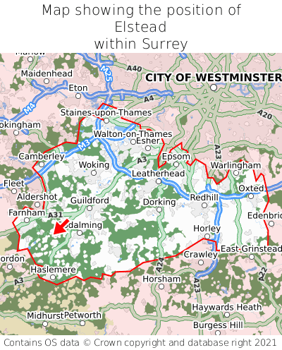Map showing location of Elstead within Surrey