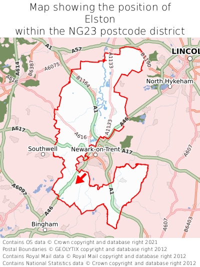 Map showing location of Elston within NG23