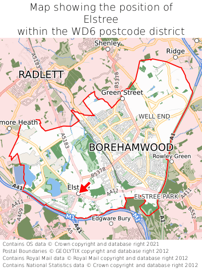 Map showing location of Elstree within WD6