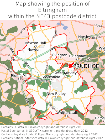 Map showing location of Eltringham within NE43