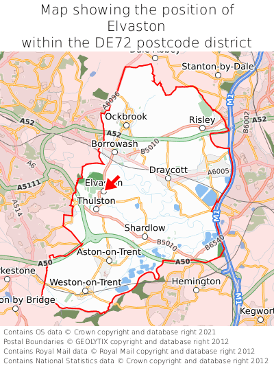 Map showing location of Elvaston within DE72