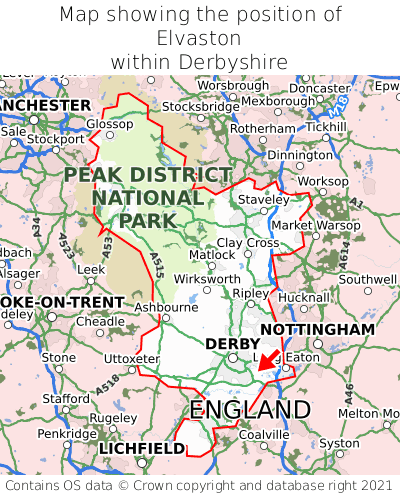 Map showing location of Elvaston within Derbyshire