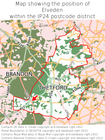 Map showing location of Elveden within IP24