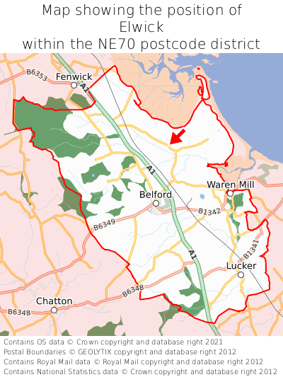 Map showing location of Elwick within NE70