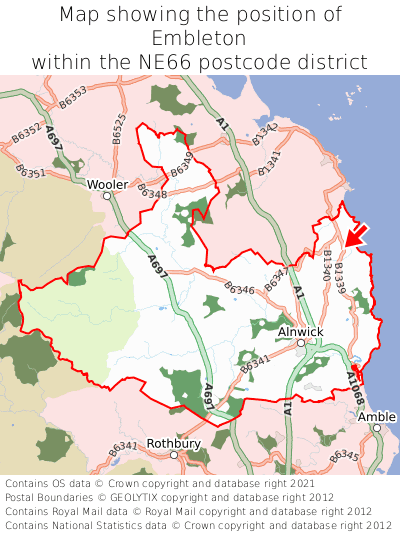 Map showing location of Embleton within NE66