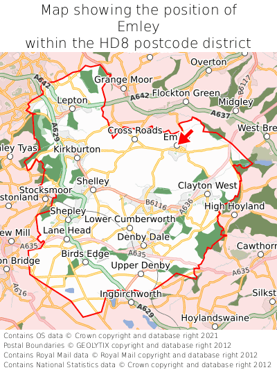 Map showing location of Emley within HD8