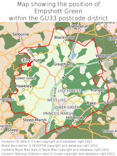 Map showing location of Empshott Green within GU33