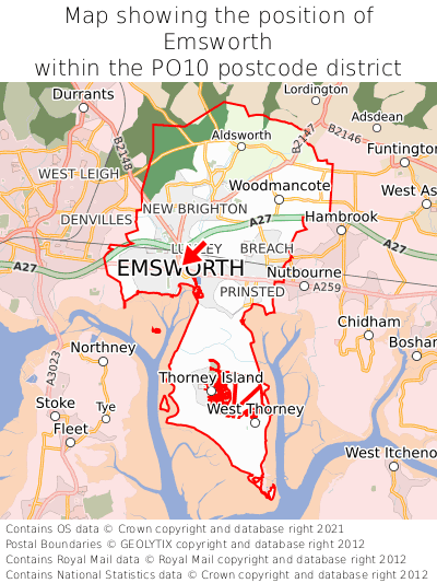 Map showing location of Emsworth within PO10