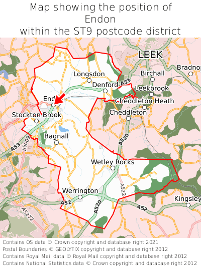 Map showing location of Endon within ST9