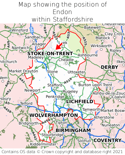 Map showing location of Endon within Staffordshire