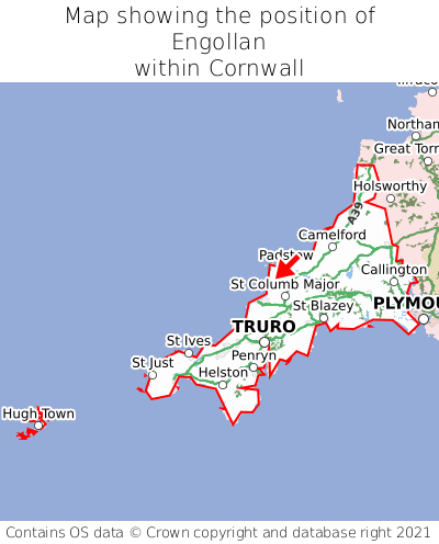 Map showing location of Engollan within Cornwall