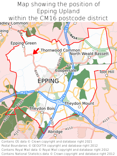 Map showing location of Epping Upland within CM16
