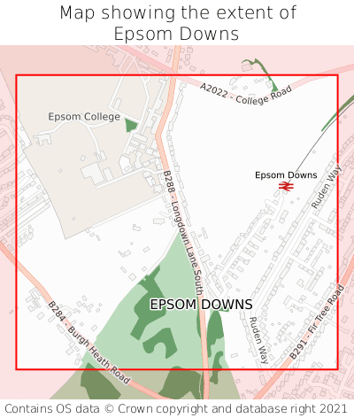 Map showing extent of Epsom Downs as bounding box