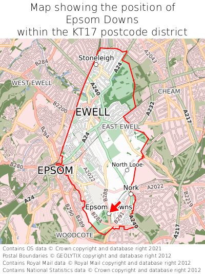 Map showing location of Epsom Downs within KT17
