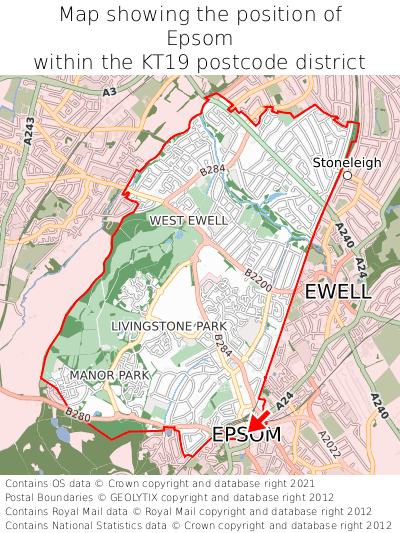 Map showing location of Epsom within KT19