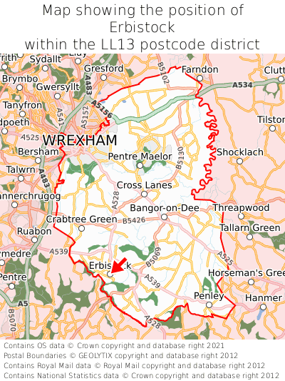 Map showing location of Erbistock within LL13