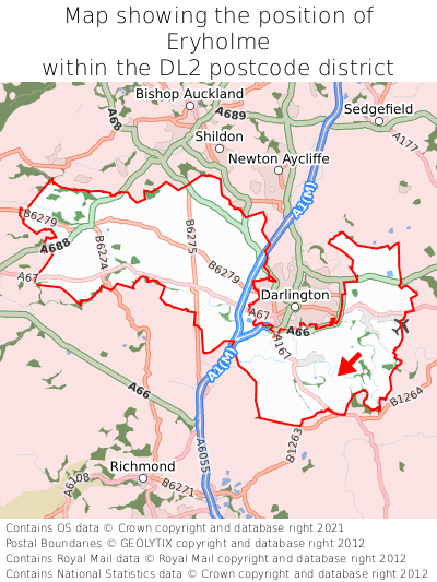 Map showing location of Eryholme within DL2