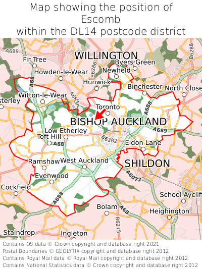 Map showing location of Escomb within DL14