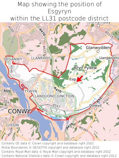 Map showing location of Esgyryn within LL31