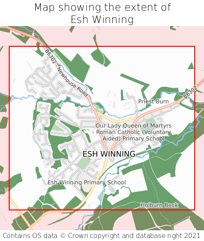Map showing extent of Esh Winning as bounding box