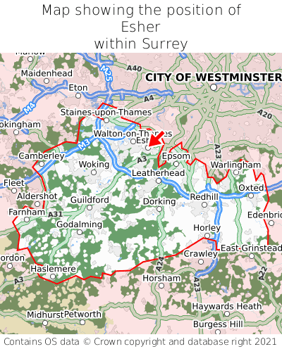 Map showing location of Esher within Surrey