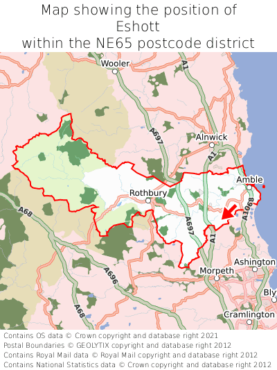 Map showing location of Eshott within NE65