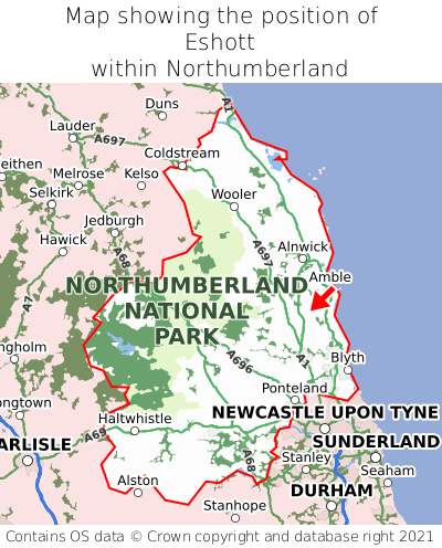 Map showing location of Eshott within Northumberland