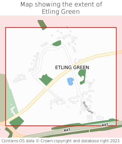 Map showing extent of Etling Green as bounding box