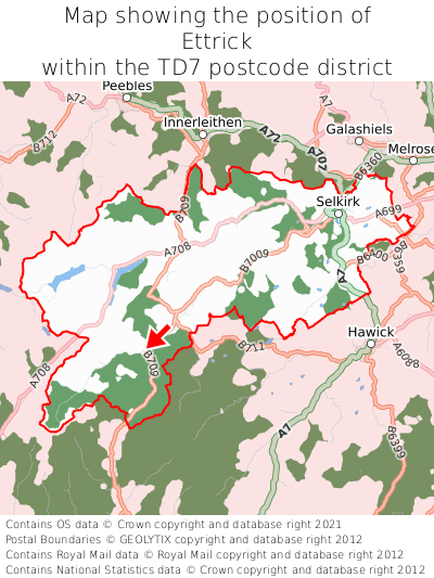 Map showing location of Ettrick within TD7