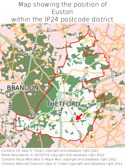 Map showing location of Euston within IP24